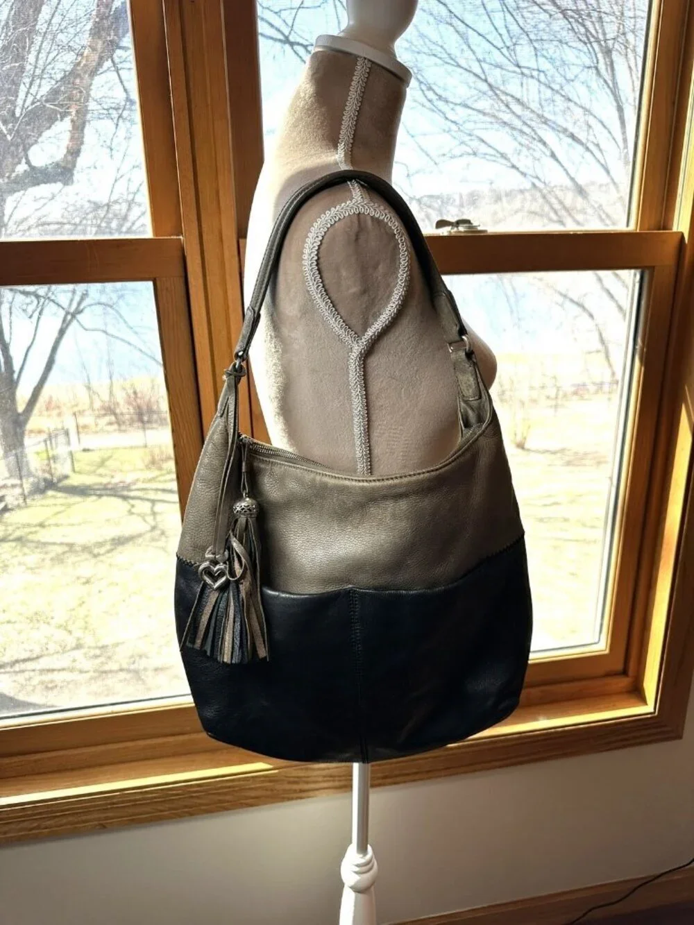 Brighton Barbados Leather Hobo Bag Colorblock Black Taupe Tassel Shoulder